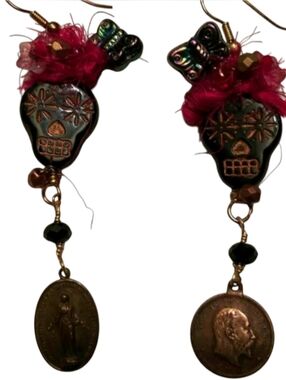 Artisan Handmade Earrings with Czech Glass Skulls & Antique Religious Medals